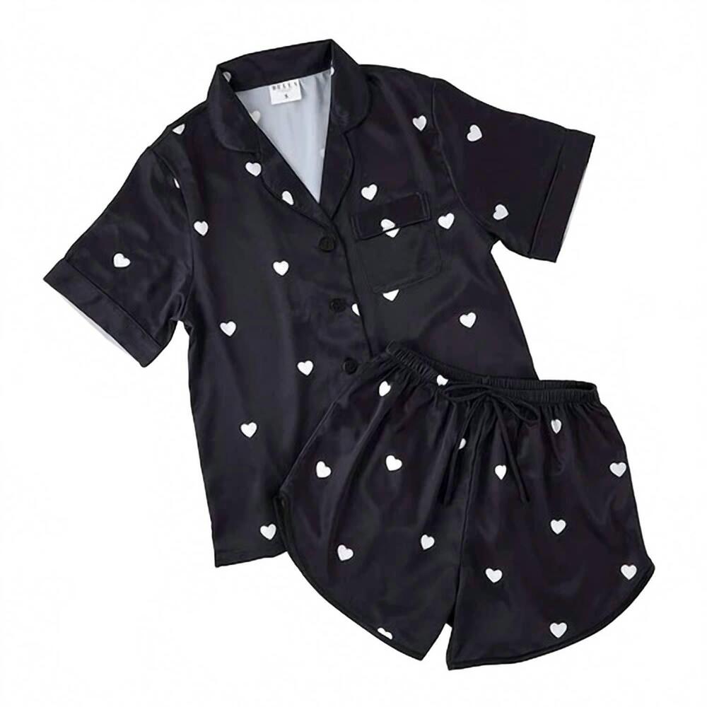 NEW BELLA SLEEP + SPA women's hearts 2 piece satin short pajama set in black